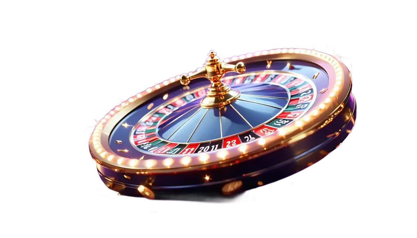 Right-aligned 3D casino hero with golden roulette, red dice, spade card on a deep purple gradient — ample left space for text.